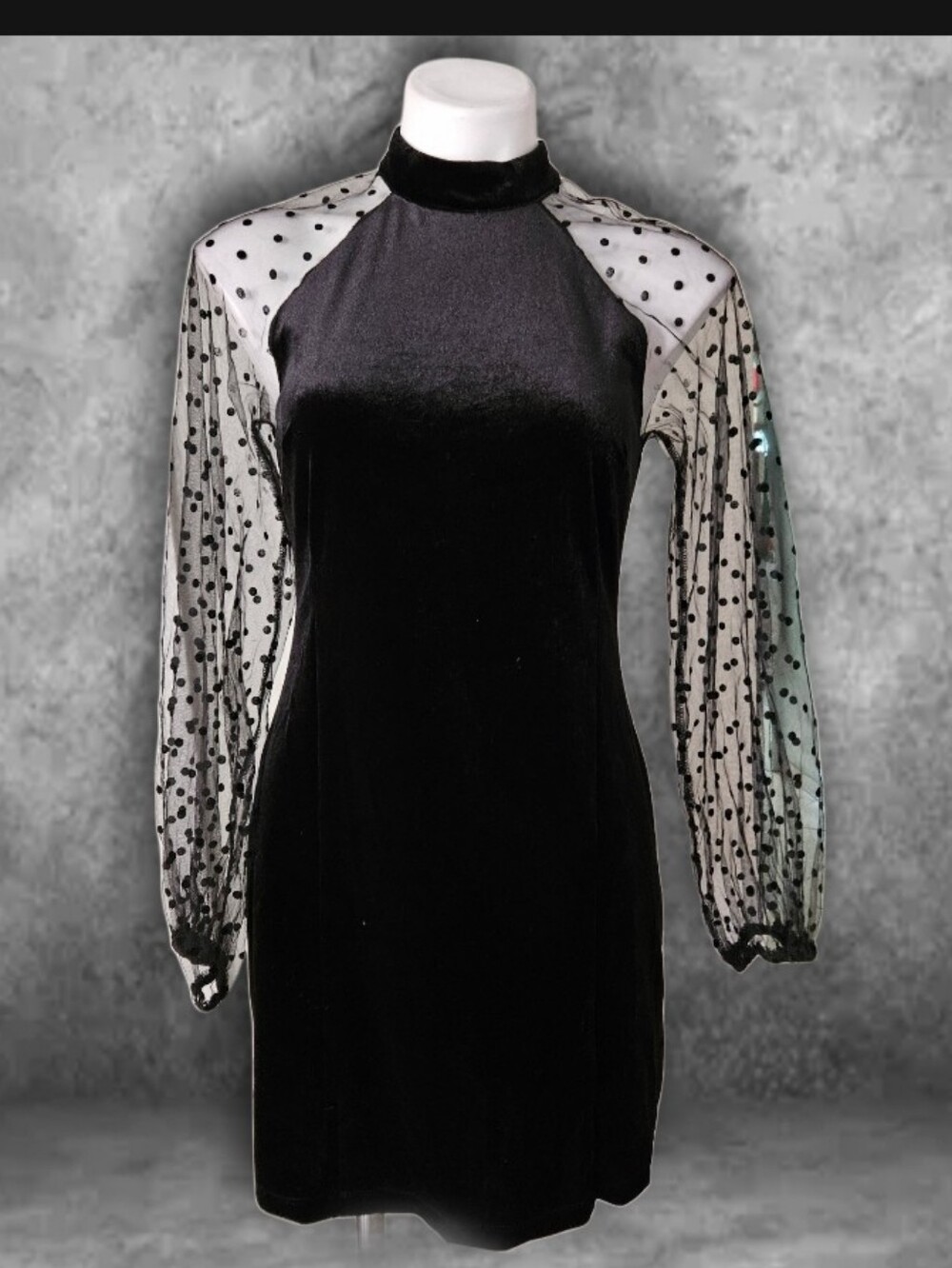 Forever 21 Black Velvet Dress with Sheer Polka Dot Sleeves Medium
